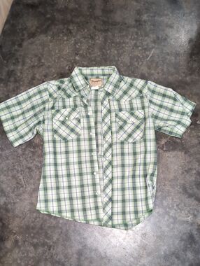 Wrangler Green and White Plaid Short-Sleeve Western Shirt Pearl Snap XL Boys